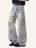Rose Print Hole Straight Jeans