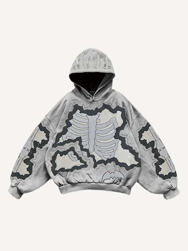 Skeleton&Graphic&Bat Faux Decal Print Slant Pockets Hoodie