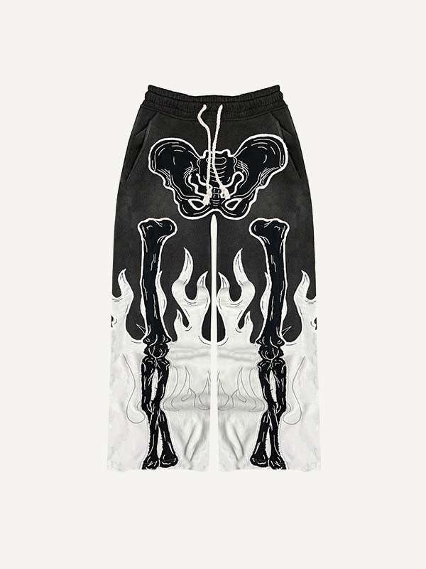 Colorblock Skeleton&Fire Faux Decal Print Elastic Waist Pants