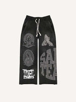 Mary&Pray&Letter Faux Rhinestones Print Elastic Waist Pants