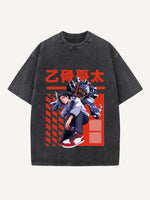 Distressed Washed Figure&Sword&Monsters&Letter Print Round Neck T-shirt