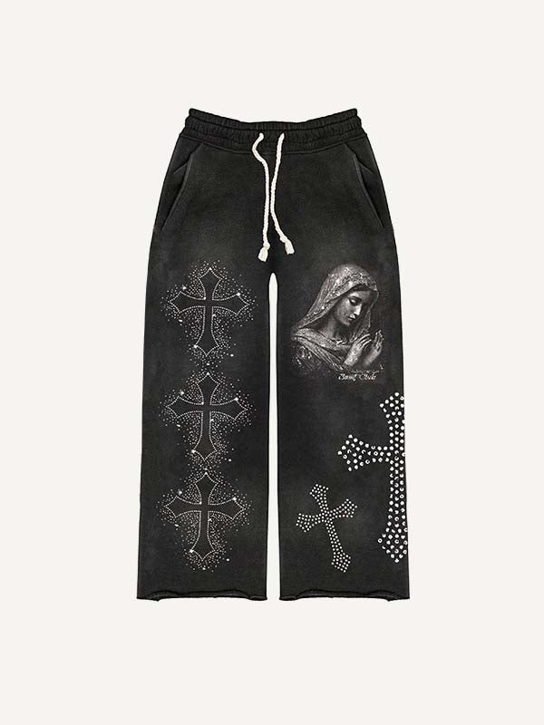 Mary&Cross Faux Rhinestones Print Elastic Waist Pants