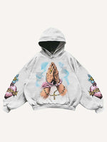Pray Letter&Heart&Palm Print Slant Pockets Hoodie