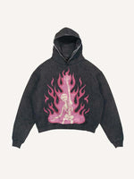 Distressed Washed Pink Fire Skeleton Print Slant Pockets Hoodie
