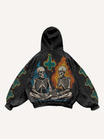 Colorblock Fire&Skeleton&Cross Print Slant Pockets Hoodie