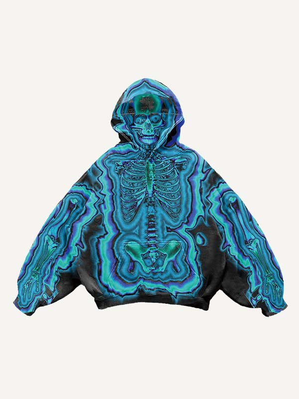 Skeleton Glow Print Slant Pockets Hoodie