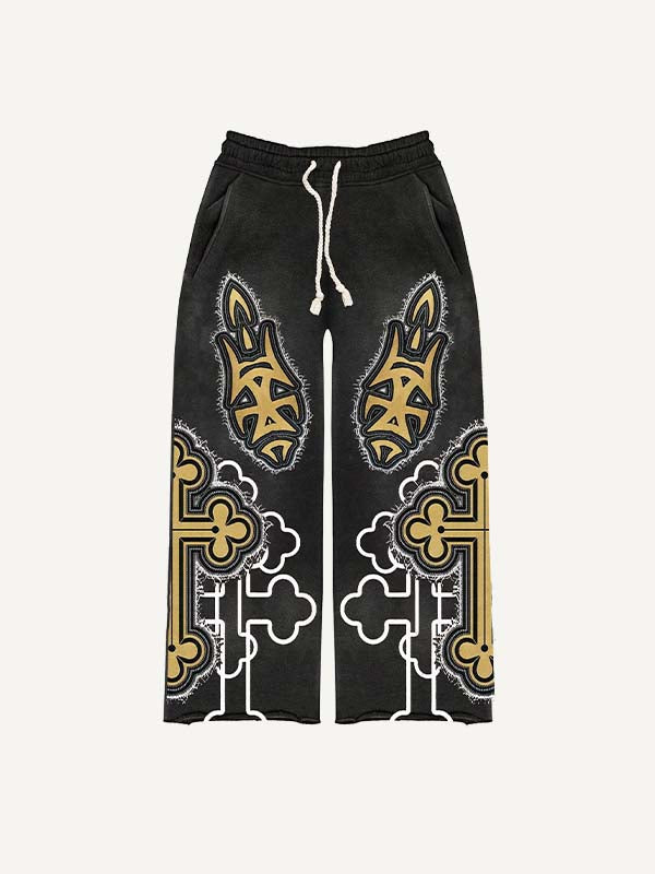 Cross&Letter&Graphic Faux Decal Print Elastic Waist Pants
