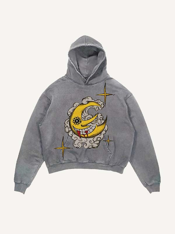 Distressed Washed Evil Moon&Sun&Star&Cloud Print Slant Pockets Hoodie