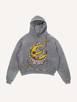 Distressed Washed Evil Moon&Sun&Star&Cloud Print Slant Pockets Hoodie