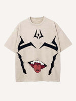 Distressed Washed Tongue&Graphic Faux Decal Print Round Neck T-shirt