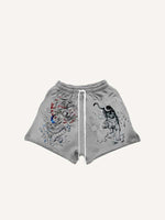 Tiger&Dragon&Phoenix&Sun&Moon Print Drawstring Waist Shorts