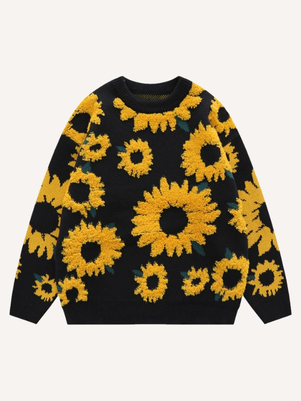 Floral Jacquard Round Neck Knit Sweater