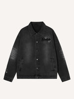 Distressed Washed Letter Embroidery Denim Jacket