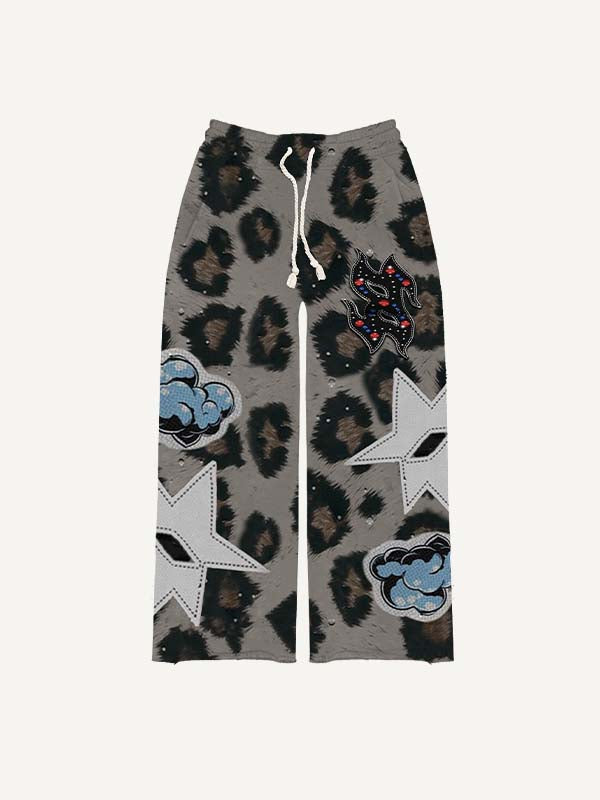 Leopard Print&Cloud&Graphic Faux Decal Print Elastic Waist Pants