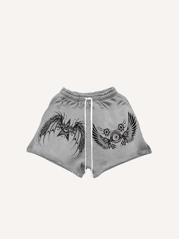 Star&Wing&Eyeball Print Drawstring Waist Shorts