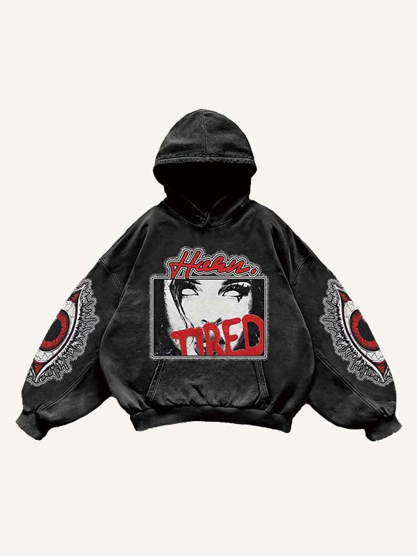 Figure&Eye&Letter Faux Decal Print Slant Pockets Hoodie