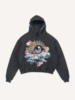 Distressed Washed Eye&Cloud&Moon&Graphic Print Slant Pockets Hoodie