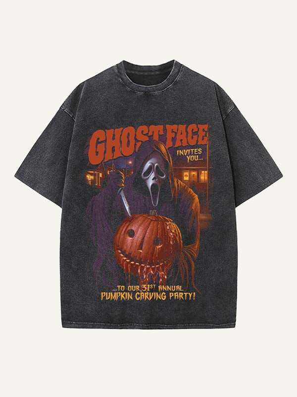 Distressed Washed Halloween Horror Print Round Neck T-shirt
