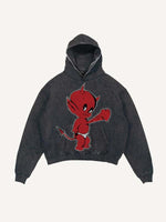 Distressed Washed Little Devil Heartbeat Faux Decal Print Slant Pockets Hoodie