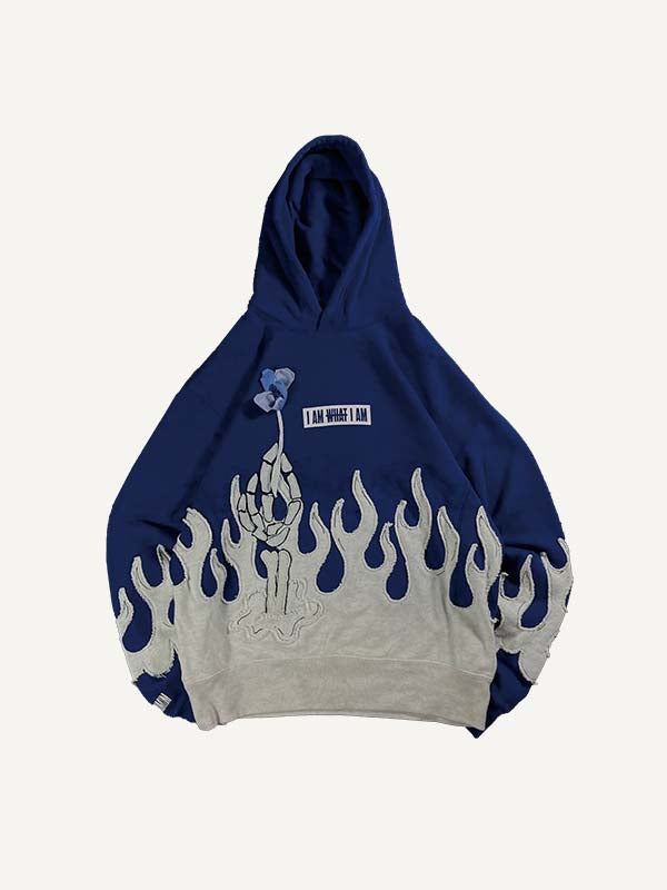 Colorblock Skull Palm&Fire Faux Decal Print Slant Pockets Hoodie