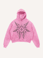 Distressed Washed Wing&Eye&Graphic Print Slant Pockets Hoodie