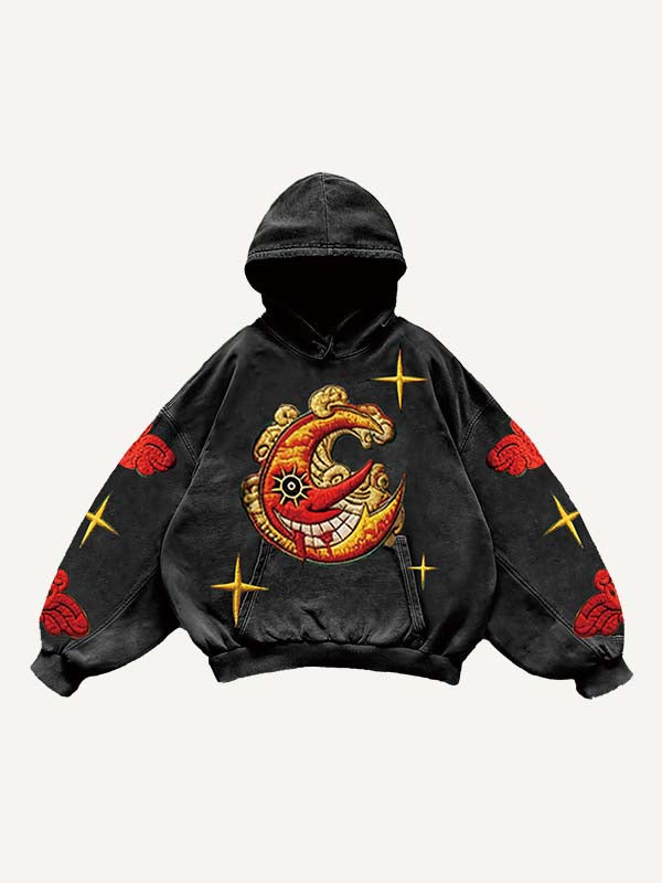 Evil Sun&Moon&Star&Cloud Faux Decal Print Slant Pockets Hoodie