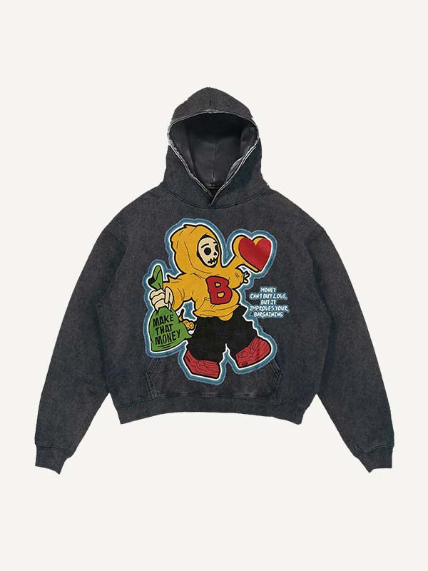 Distressed Washed Skull&Letter&Heart Graphic Print Slant Pockets Hoodie