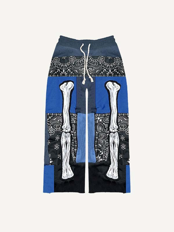 Colorblock Skeleton&Paisley Faux Decal Print Elastic Waist Pants