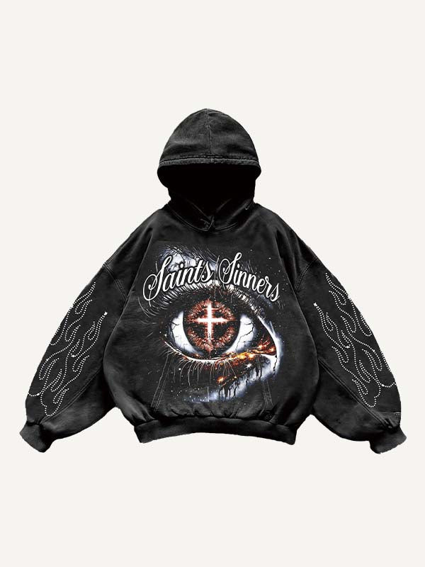 Eye&Cross&Mary&Letter Faux Rhinestones Print Slant Pockets Hoodie