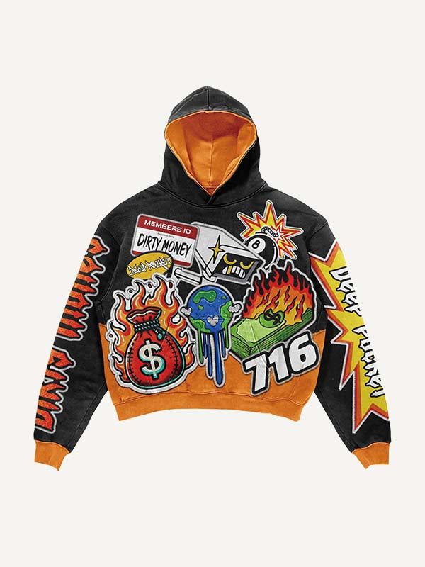 Colorblock Fire&Money&Graphic&Letter Faux Decal Print Slant Pockets Hoodie