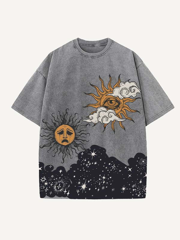 Distressed Washed Sad Sun&Moon&Eye&Cloud&Graphic Print Round Neck T-shirt