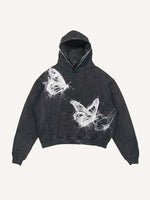 Distressed Washed Butterfly Print Slant Pockets Hoodie
