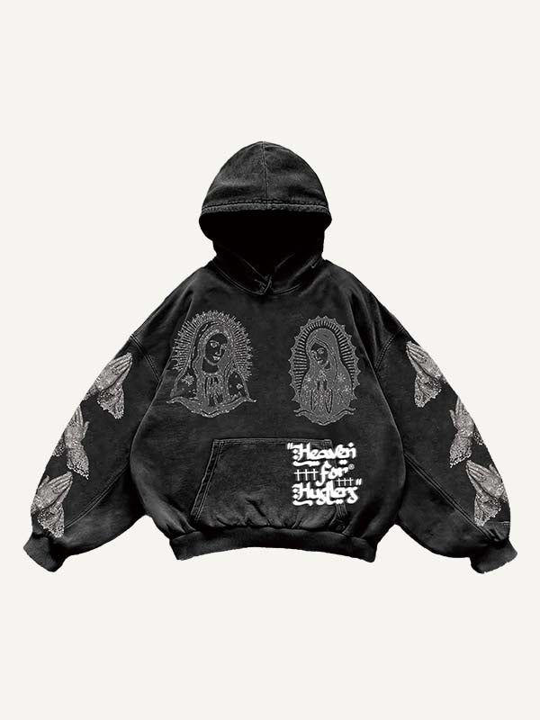 Mary&Pray&Letter Faux Rhinestones Print Slant Pockets Hoodie