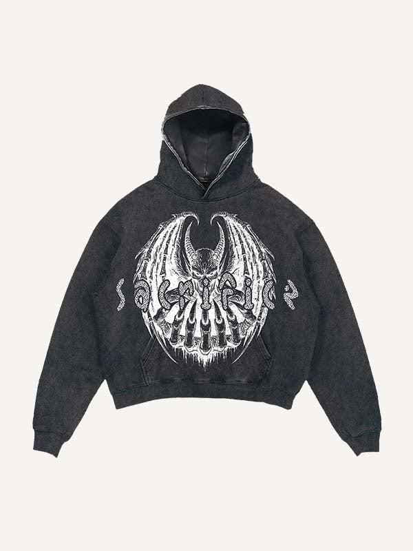 Distressed Washed Demon&Wing&Letter Faux Rhinestones Print Slant Pockets Hoodie