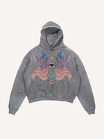 Distressed Washed Eye&Wing Print Slant Pockets Hoodie
