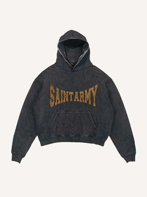 Distressed Washed Figure&Wing&Letter Print Slant Pockets Hoodie