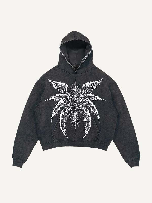 Distressed Washed Eye&Wing Print Slant Pockets Hoodie
