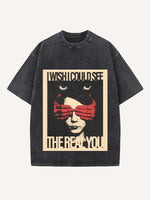 Distressed Washed Figure&Letter Print Round Neck T-shirt