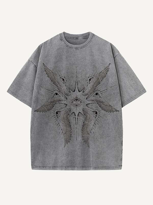 Distressed Washed Wing&Eye&Graphic Print Round Neck T-shirt
