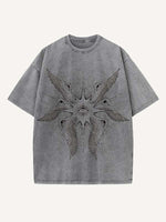 Distressed Washed Wing&Eye&Graphic Print Round Neck T-shirt