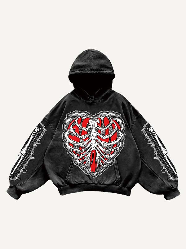 Skeleton&Heart&Wing Faux Decal Print Slant Pockets Hoodie