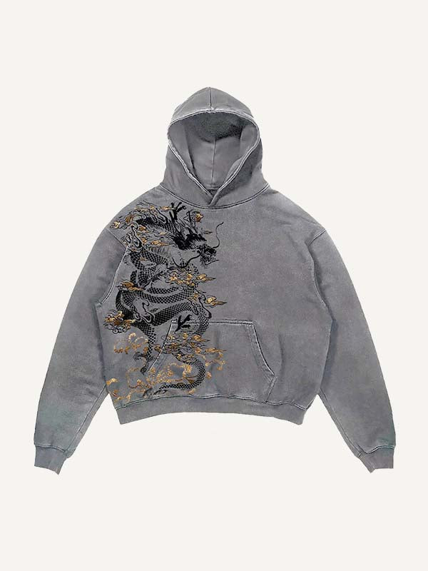 Distressed Washed Dragon Print Slant Pockets Hoodie
