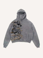 Distressed Washed Dragon Print Slant Pockets Hoodie