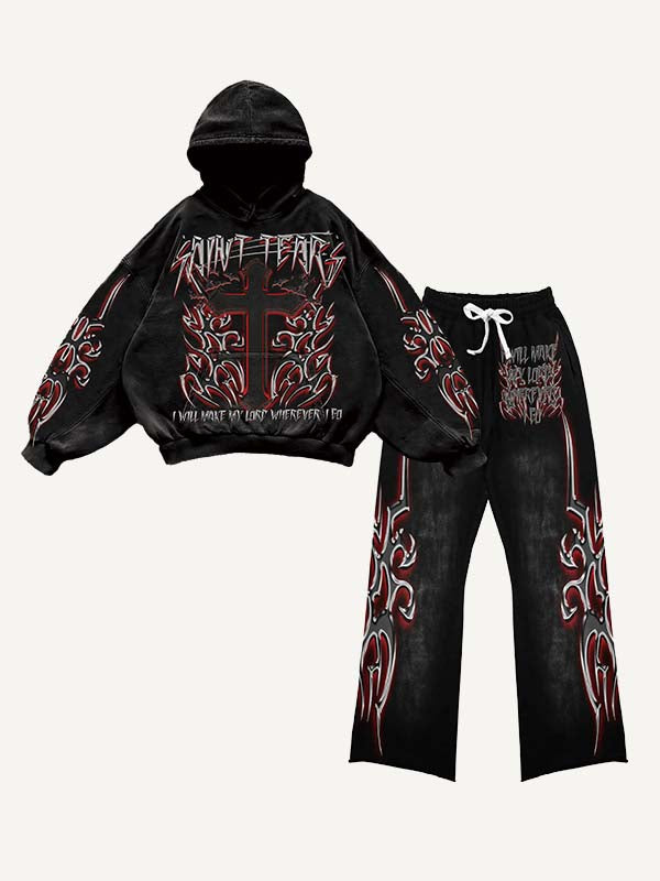 Cross&Letter Graphic Print Elastic Waist Two-Piece Set