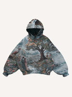 Figure&Tree&Animal&Floral Print Slant Pockets Hoodie