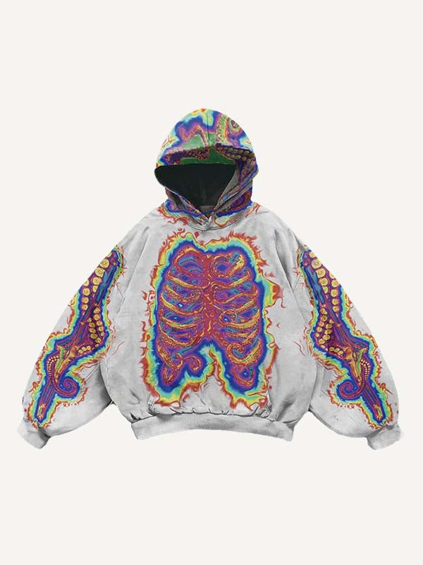 Skeleton&Octopus Print Slant Pockets Hoodie