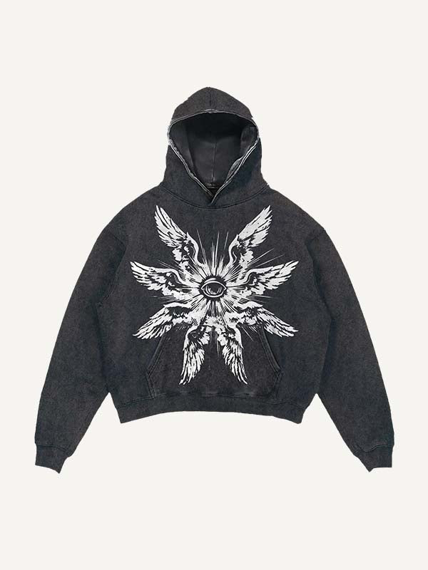 Distressed Washed Eye&Wing Print Slant Pockets Hoodie