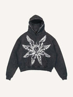Distressed Washed Eye&Wing Print Slant Pockets Hoodie