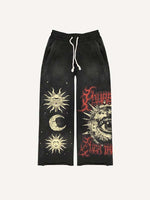 Sun&Moon&Eye&Letter Print Elastic Waist Pants