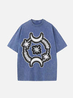 Distressed Washed Moon&Star&Eye Faux Decal Print Round Neck T-shirt